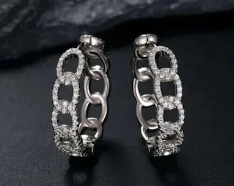 Women's Earrings, Stylist Engagement Earrings, Wedding Link Earrings, Huggie Hoop Earrings, 2Ct Simulated Diamond, 14K White Gold, Jewelry