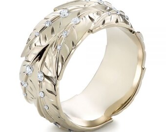 Frauen Feder Diamant Band, Belaubte Verlobungsring, 1,8 Karat Diamant, 14k Weißgold, Damen Ehering, zeitlose überrascht Band für ihn