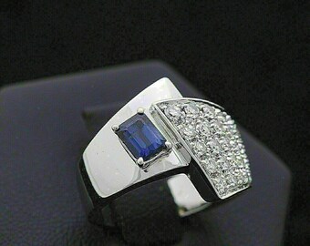 Expensive Men's Bypass Wedding Band Ring, 14K White Gold, 2.1 Ct Emerald Cut Sapphire, Men's Designer Engagement Ring, Personalized Gifts