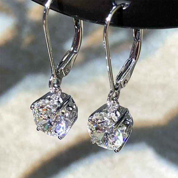Wedding Gift, Silver Diamond Earrings, Engagement Earrings, 14K White Gold, Dangle Drop Earrings, 3Ct Round Cut Diamond, Women Gift Earring