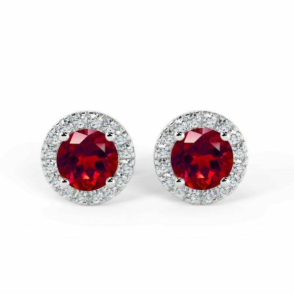 Women's Earrings, Engagement Earrings, Stud Earrings, Rubby Diamond Earrings, 14K White Gold, 2Ct Round Cut Diamond, Fancy Diamond Earrings