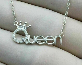 QUEEN Word Necklace, 925 Sterling Silver Royal Necklace, Dainty Necklace, 1.4 Ct Round Diamond, Party Wear Necklace, Women's Jewelry, Gift's