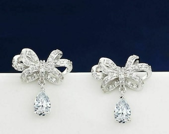 Dangle Engagement Diamond Earrings, Elegant Bow Knot Earrings, 2.2 Ct Pear Diamond, 14K White Gold, Drop Wedding Earrings, Dangle Earrings