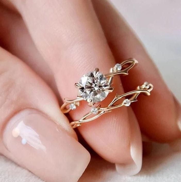 Dainty Twig Engagement Ring Set Nature Ring Set 1.6 Ct Round