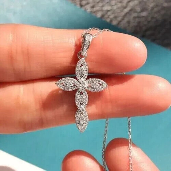 Women's Necklace, CrissCross Pendant, 1.8Ct Simulated Diamond, 14K White Gold, Silver Diamond Pendant, Pendant Without Chain, Women's Gift