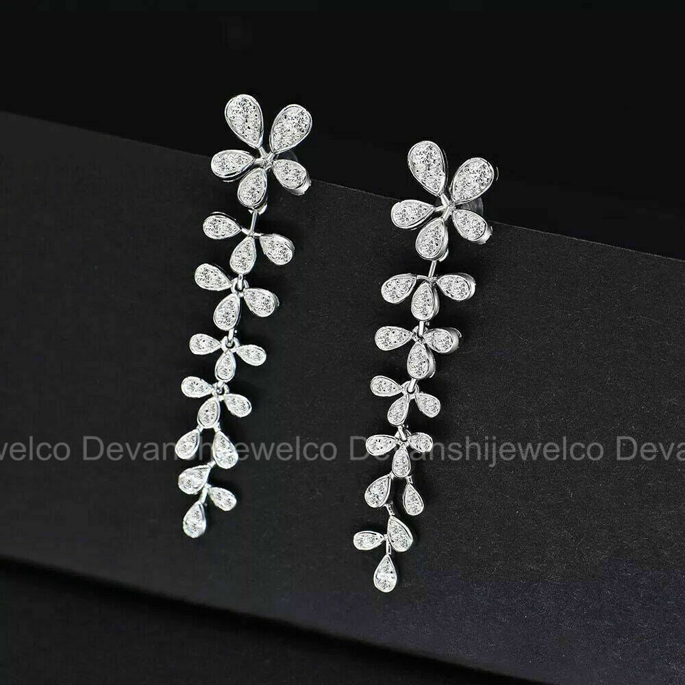 Dangle Diamond Earrings, Leafy Statement Drop Earrings, 3.12 Ct Round