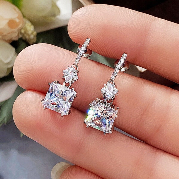 Boucle d'oreille cadeau femme, cadeau de mariage, or blanc 14 carats, pendants d'oreilles, diamant taille Asscher 3 carats, boucles d'oreilles en argent et diamants, boucle d'oreille de fiançailles