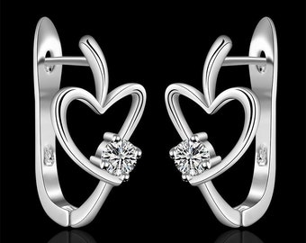 Vrouwen cadeau oorbel, huwelijkscadeau, zilveren diamanten oorbellen, verlovingsoorbellen, 14K wit goud, hartvormige oorbellen, 2Ct ronde geslepen diamant