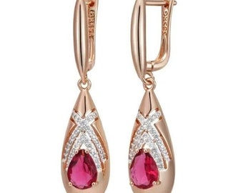 Women's Earrings, Wedding Earrings, Stylist Rose Gold Ruby Earring, 2Ct Simulated Ruby, 14K Rose Gold, Tear Drop Fancy Earrings, Modern Gift