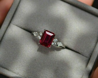 Beautiful Engagement Ring For Women, 14K White Gold, 2.2 Ct Emerald Cut Ruby, Women's Anniversary Ring, Wedding Diamond Ring, Custom Ring