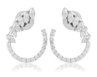 Women's Earrings, Engagement Earring, Stud Earrings, Silver Diamond Earrings, 14K White Gold, 2Ct Pear Cut Diamond, SemiCircle Shape Earring