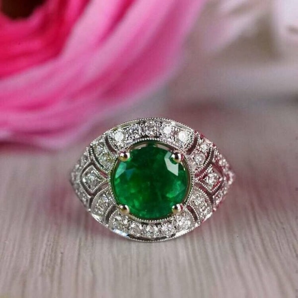 Royal Diamond Wedding Ring For Women, 3 Ct Round Cut Emerald, 14K White Gold Plated, Women's Engagement Ring, Anniversary Ring, Custom Ring