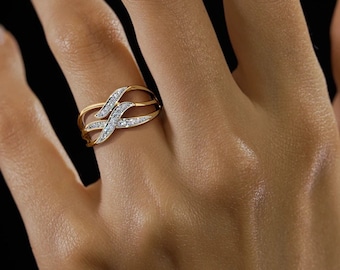 Women's Gift, Anniversary Diamond Rings, 2Ct Simulated Diamond, 14K Yellow Gold, CrissCross Ring, Women's Engagement Bands, Split Shank Ring