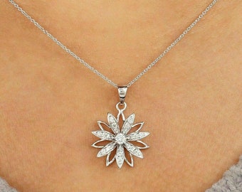 Flower Diamond Necklace, Daisy Cluster Wedding Pendant, 14K White Gold, 2.1 Ct Round Diamond, Floral Necklace Without Chain, Gifts For Her