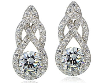 Women's Earrings, Engagement Earring, Drop Dangle Earrings, Silver Diamond Earrings, 14K White Gold, 2Ct Round Cut Diamond, Stylist Earrings