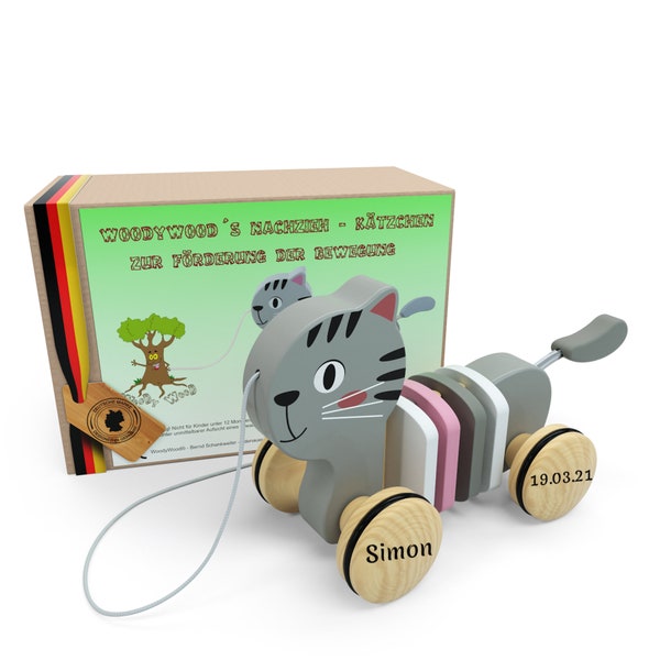 WoodyWood® Babygeschenk Geburt, Katze personalisiert, Taufgeschenk, Personalisiertes Geschenk Baby