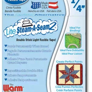 May include: A package of Lite Steam-A-Seam 2 double stick fusible tape. The package is light blue and white, with text in English, Spanish, and French. It features a 1/4 inch x 40 yards (0.635cm x 36.58m) roll of tape, ideal for binding and creating perfect points.