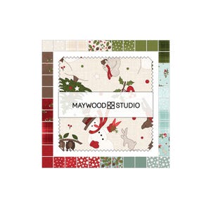 May include: A square fabric charm pack by Maywood Studio featuring a collection of small, stacked fabric squares with various holiday-themed prints including snowmen, rabbits, holly, plaid, stars, and polka dots in red, green, and cream colors.