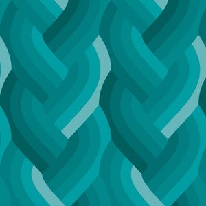 May include: Abstract teal and turquoise braided pattern. The design features overlapping, curved lines creating a woven effect. The color palette includes various shades of teal and turquoise, creating a sense of depth and movement.