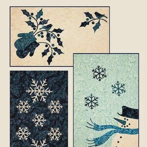 May include: A quilt pattern titled "Winter Trio" featuring three winter-themed designs. One design shows a mitten and holly, another has snowflakes, and the third depicts a snowman. The quilt size is 16" x 26".