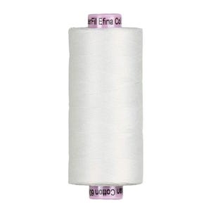 May include: A spool of white thread, ideal for sewing and crafting projects. The thread is tightly wound on a cylindrical spool with a pink label that reads "erFil Efina Col" and "an Cotton 60".