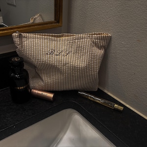 Embroidered seersucker Makeup bag and cosmetic pouch | Gift for Her | Mother&#39;s Day Gift | Cotton Cosmetic Bag | Bridesmaid Gift | Travel Bag