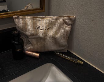 Embroidered seersucker Makeup bag and cosmetic pouch | Gift for Her | Mother's Day Gift | Cotton Cosmetic Bag | Bridesmaid Gift | Travel Bag
