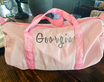 Monogrammed seersucker duffle | Embroidered Personalized duffle | Kids duffle bag | Bridesmaids gift | Personalized gift | Travel bag