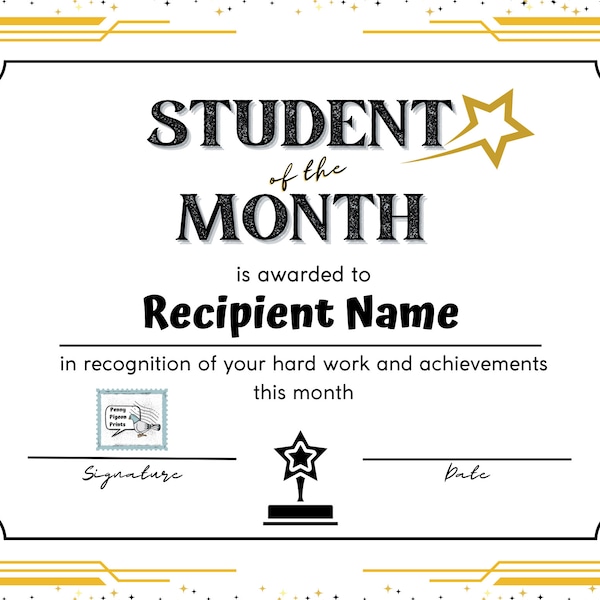 Student of the Month Award | Printable Certificate | Student of the Month Certificate |  NON-EDITABLE DIY Award