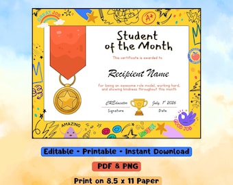 Student of the Month Award Certificate | Printable Award Template | Colorful Elementary Classroom Recognition