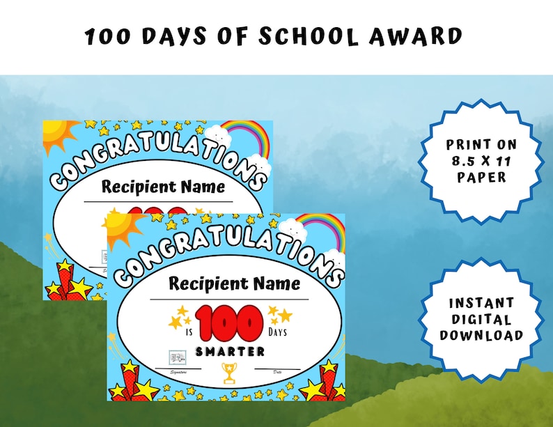 100 Day of School Award, 100th Day of School Printable Certificate, 100