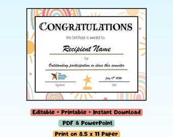 Neutral Rainbow Award Certificate| Fill-in, DIY Congratulations Award | Printable Certificate | School Award