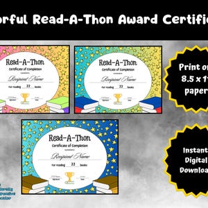 Colorful Read-A-Thon Award Certificate | PDF Printable Reading Award | 3 Awards Bundle