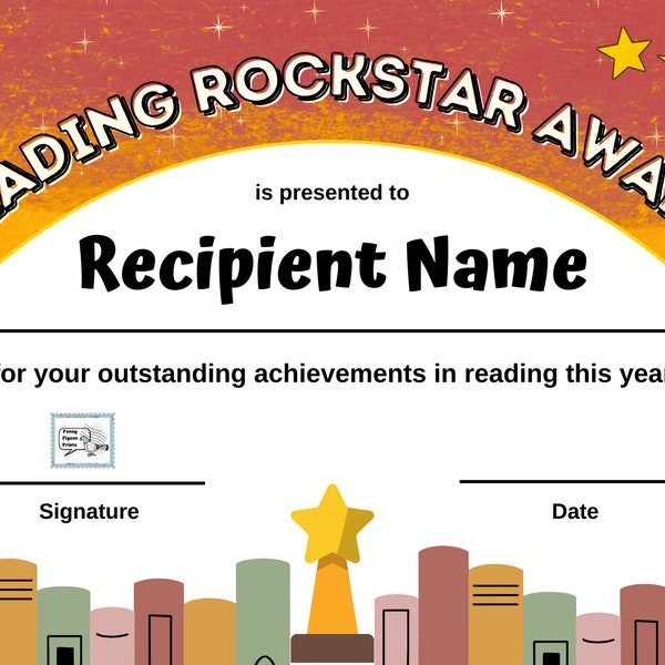 Reading Rockstar Award, Reading Rockstar Certificate, Non-Editable DIY Fill-in Certificate
