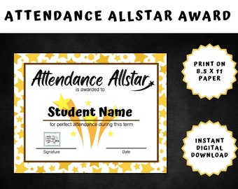 Perfect Attendance Certificate | Printable Attendance Award | Attendance Allstar Award | Non-Editable Fill-In DIY Award