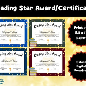 Reading Star Award Certificates: DIY Fill-In, 4 Color Options (PDF Downloadable File)