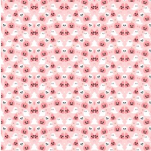 May include: A repeating pattern on a light pink background featuring small white ghosts, pink jack-o'-lantern pumpkins with carved faces, and small white skulls arranged in a grid-like layout across the entire surface of the fabric.