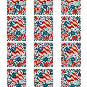 May include: A pattern of rectangular designs featuring the American flag waving on a pole, surrounded by red and blue floral elements on a cream background. The design is repeated across the image.