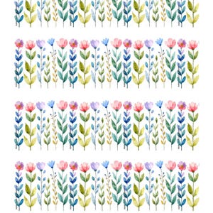 May include: Watercolor floral design featuring rows of colorful flowers and leaves. The flowers are in shades of pink, purple, and blue, with green and blue leaves. The design is on a white background.
