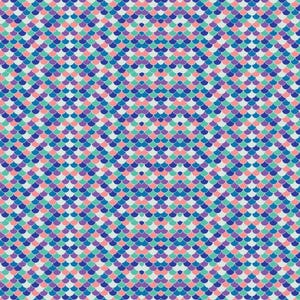 May include: A colorful pattern of overlapping, semi-circular shapes in shades of blue, purple, pink, and green. The design is reminiscent of fish scales or a mosaic, creating a textured, repeating pattern across the surface.