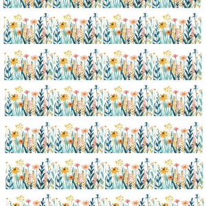 Puede incluir: Un patrón repetitivo de flores y follaje en acuarela en tonos amarillos, rosas y azules. El diseño presenta varios tipos de flores y hojas, creando un tema natural y botánico. El patrón está sobre un fondo blanco.