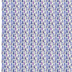 May include: A repeating pattern of watercolor flowers in shades of blue and purple against a white background. The flowers are tall and slender, with green stems and leaves. The overall effect is delicate and floral.
