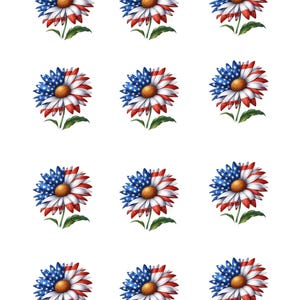 May include: A sheet of stickers featuring floral designs. Each flower has white petals with red stripes, blue star-filled sections, and a brown center. Green leaves and stems complete the patriotic theme.