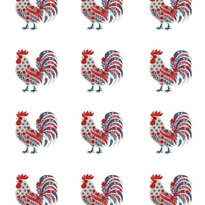 May include: A repeating pattern of rooster illustrations. Each rooster is decorated with red, white, and blue patriotic designs, including stars and floral accents. The roosters have red combs and tail feathers.