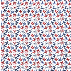 May include: A repeating pattern of red and blue bows with white polka dots and stars on a white background. The bows are arranged in rows and columns, creating a symmetrical design. The bows are tied with ribbons.