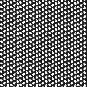 May include: A repeating pattern featuring small, white, cartoon-style ghosts with simple black eyes and mouths, arranged in a dense, uniform grid across a solid black background. Each ghost figure is identical in shape, size, and orientation.