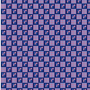 May include: A repeating pattern featuring a grid of blue and white checkered squares. Each square contains a blue bow with a red, white, and blue American flag design. The overall design is patriotic.