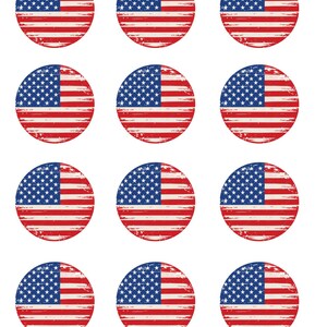 May include: A sheet of twelve circular stickers featuring the American flag design. Each sticker has a distressed, vintage look with red and white stripes and a blue field of stars.