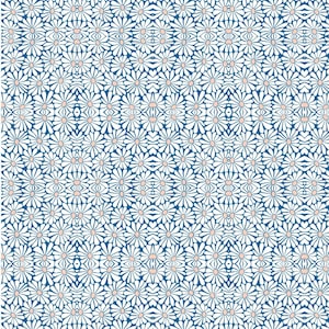 May include: A repeating pattern of white daisy-like flowers with pink centers against a dark blue background. The floral design is symmetrical, creating a visually balanced and decorative pattern. The overall aesthetic is clean and modern.