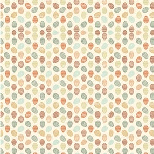 Pode incluir: Um padrão repetitivo de ovos de Páscoa em várias cores, incluindo laranja, verde e castanho, sobre um fundo creme. Os ovos são decorados com intrincados desenhos de arte linear, criando um visual festivo e detalhado.